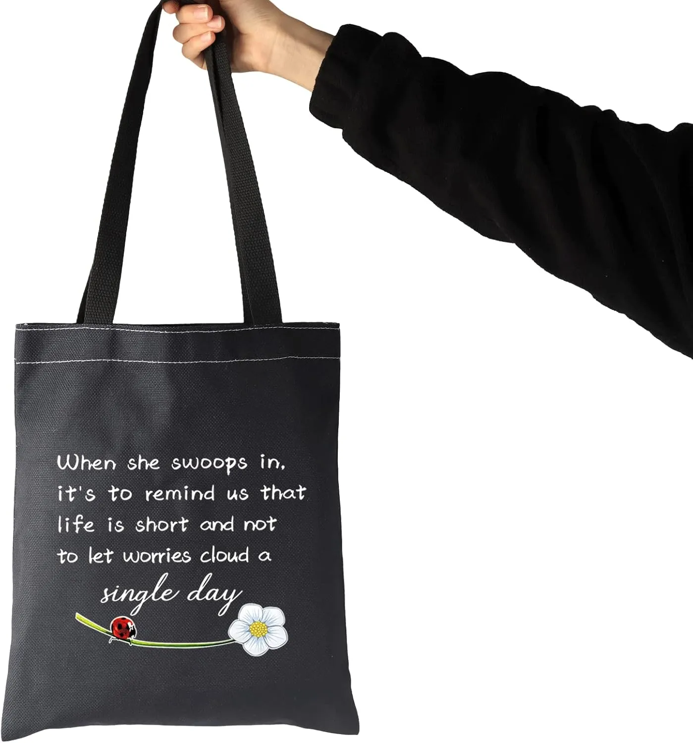 JXGZSO Good Luck Ladybug Makeup Bag With Zipper Gifts For Women When She Swoops In It's To Remind Us Not To Let Worries Cloud A Single Day Cosmetic Bag (Ladybug shopping bag black)