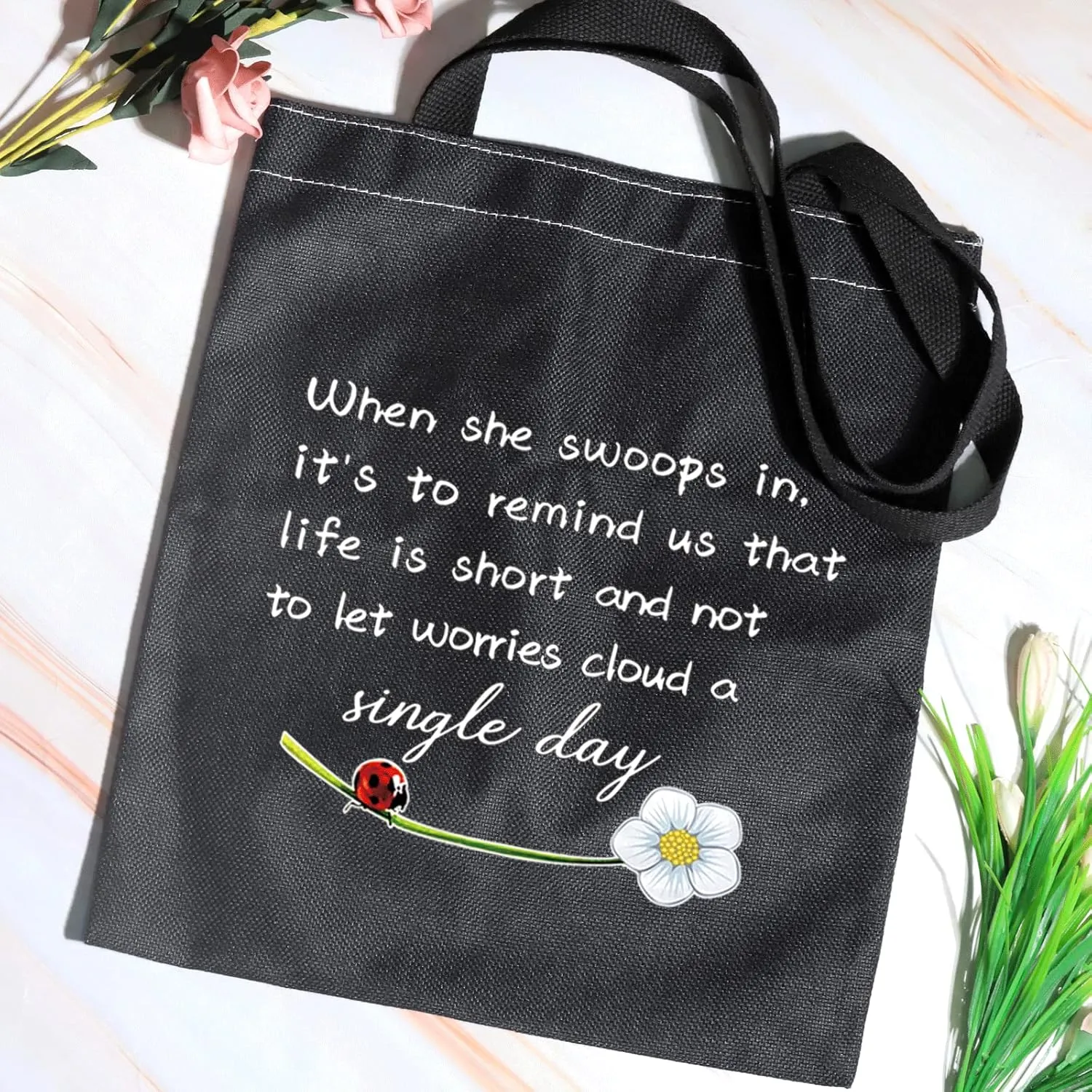 JXGZSO Good Luck Ladybug Makeup Bag With Zipper Gifts For Women When She Swoops In It's To Remind Us Not To Let Worries Cloud A Single Day Cosmetic Bag (Ladybug shopping bag black)