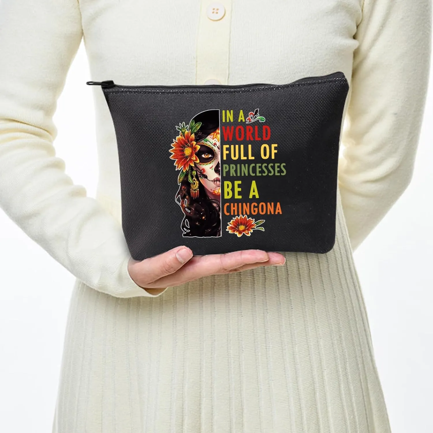 JXGZSO Mexican Lady Cosmetic Bag In A World Full Of Princesses Be A Mexican Makeup Bag Badass Women Gift (Mexican women black)