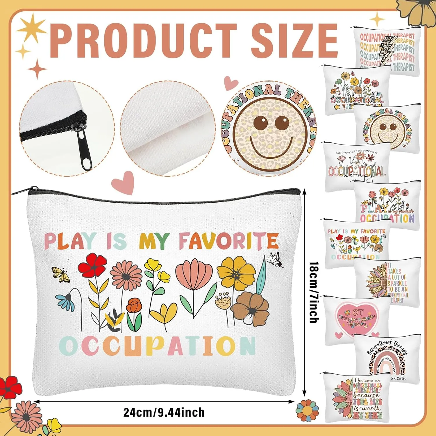Kacctyen 10 Pcs Occupational Therapy Appreciation Gifts Makeup Bag OT Month Cosmetic Canvas Bags Travel Organizer for Occupational Therapy Month Party Favors Supplies