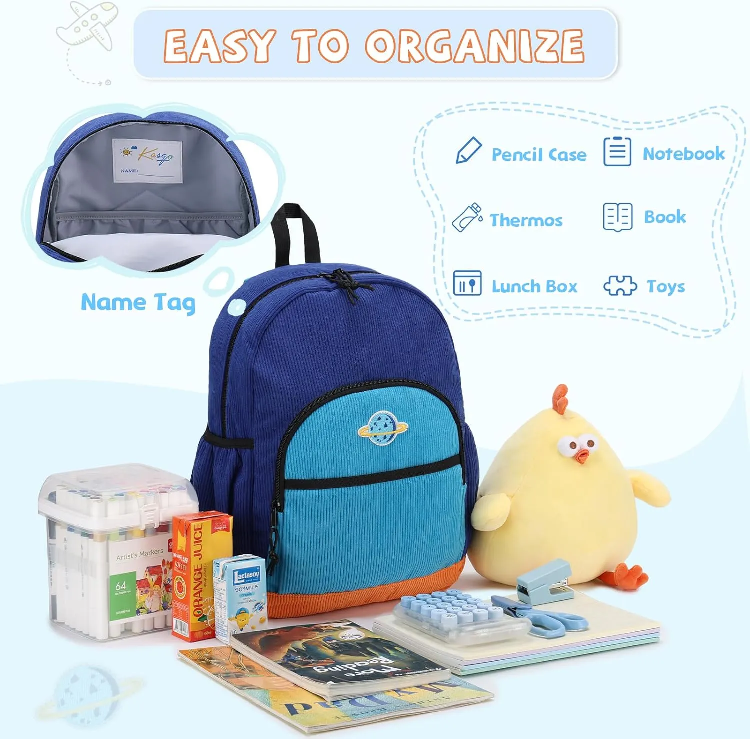 Kasqo Kids Backpack, Cute Toddler Backpack For Boys Kindergarten School Bag Primary Children's Bookbag Rucksack With Chest Buckle Blue