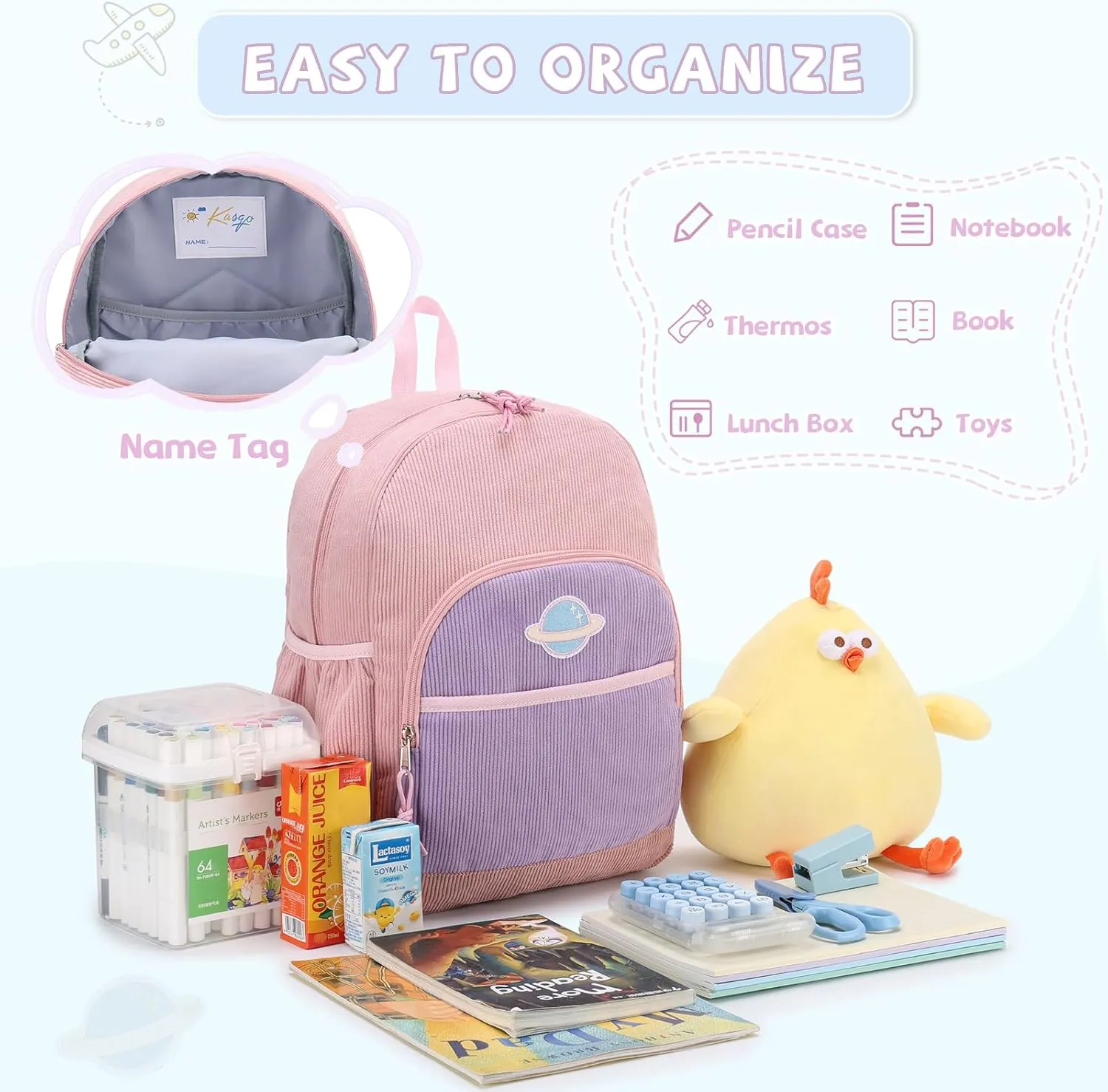 Kasqo Kids Backpack, Cute Toddler Backpack For Girls Kindergarten School Bag Primary Children's Bookbag Rucksack With Chest Buckle Pink Purple