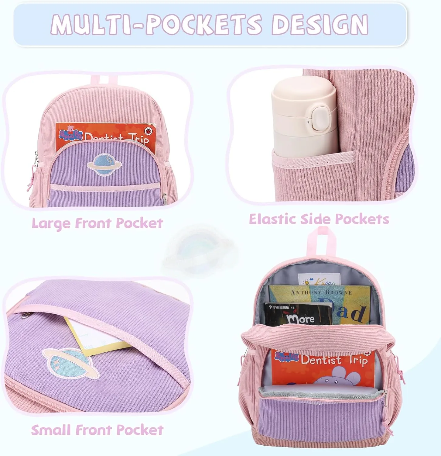 Kasqo Kids Backpack, Cute Toddler Backpack For Girls Kindergarten School Bag Primary Children's Bookbag Rucksack With Chest Buckle Pink Purple