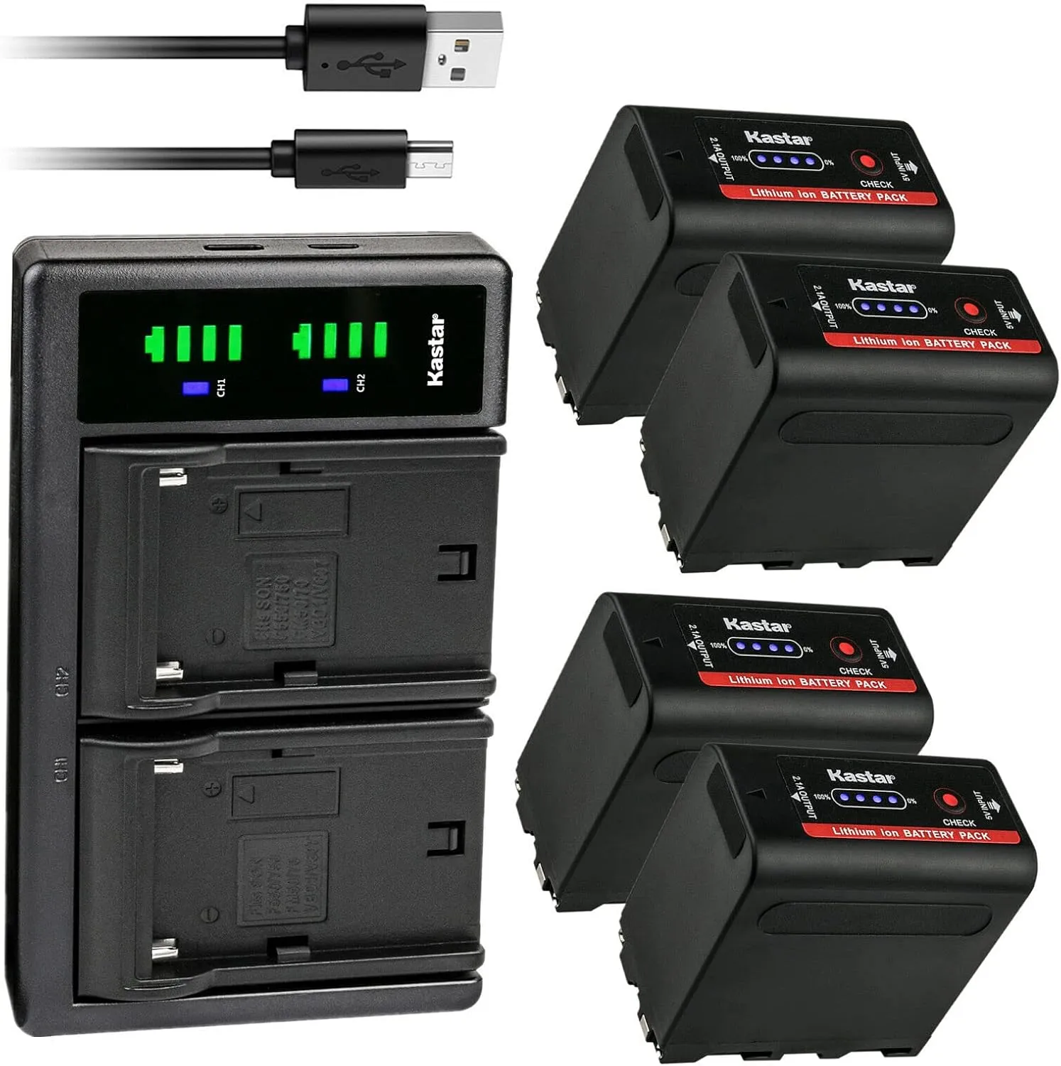 Kastar 4-Pack NP-F980EXP Battery and LTD2 USB Charger Compatible with DSR-V10 EVO-250 DKC-FP3GV-A100 GV-A500 GV-A500E GV-A700 GV-D200 GV-D300 GV-D700 GV-D800 GV-D900 GV-HD700E HDR-AX2000 Camera