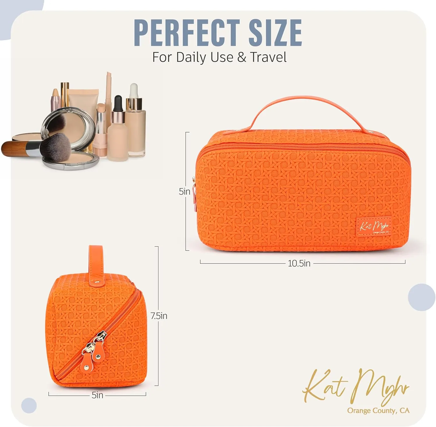 Kat Myhr Large Capacity Travel Cosmetic Bag with Handle and Divider - Waterproof Makeup Bag Organizer - Cute Makeup Bag for Women - Orange