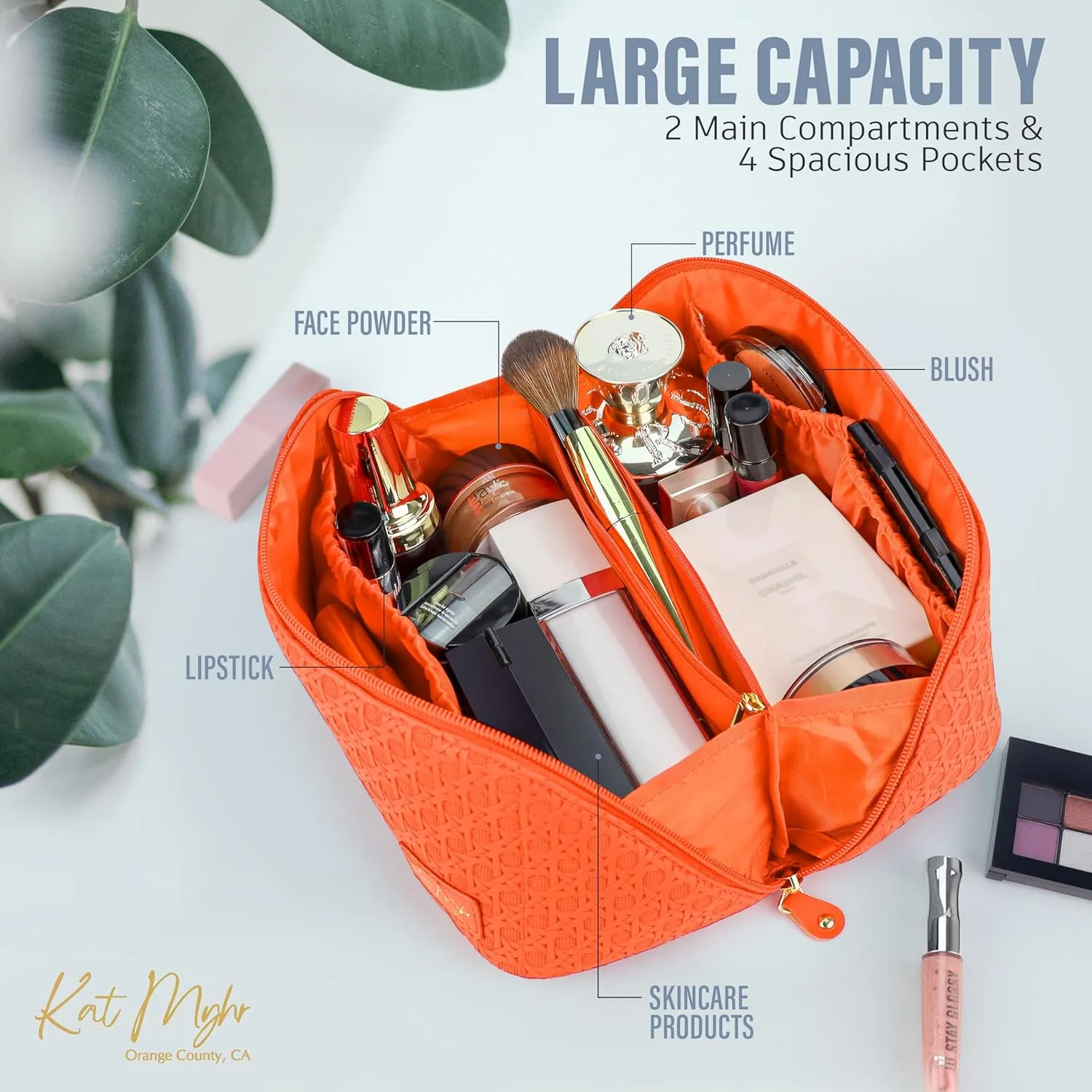 Kat Myhr Large Capacity Travel Cosmetic Bag with Handle and Divider - Waterproof Makeup Bag Organizer - Cute Makeup Bag for Women - Orange