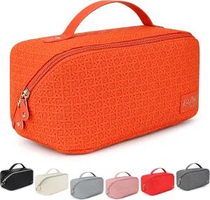 Kat Myhr Large Capacity Travel Cosmetic Bag with Handle and Divider - Waterproof Makeup Bag Organizer - Cute Makeup Bag for Women - Orange