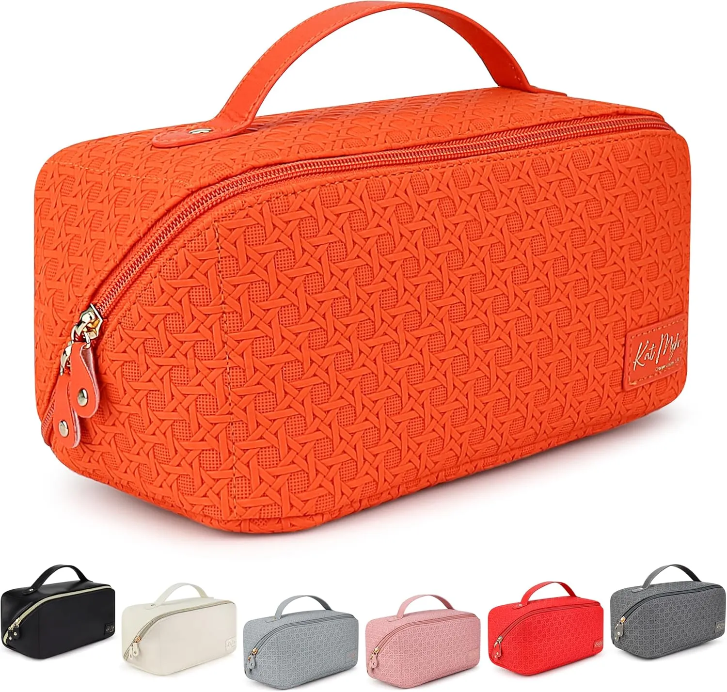 Kat Myhr Large Capacity Travel Cosmetic Bag with Handle and Divider - Waterproof Makeup Bag Organizer - Cute Makeup Bag for Women - Orange