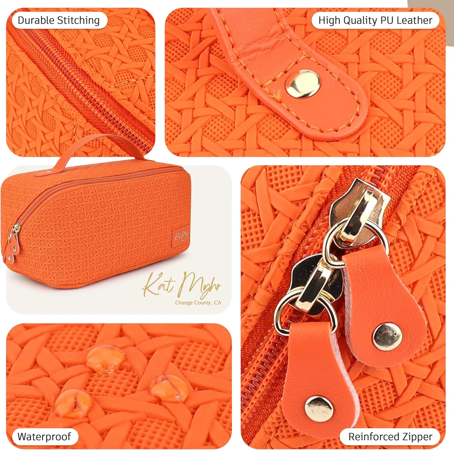 Kat Myhr Large Capacity Travel Cosmetic Bag with Handle and Divider - Waterproof Makeup Bag Organizer - Cute Makeup Bag for Women - Orange