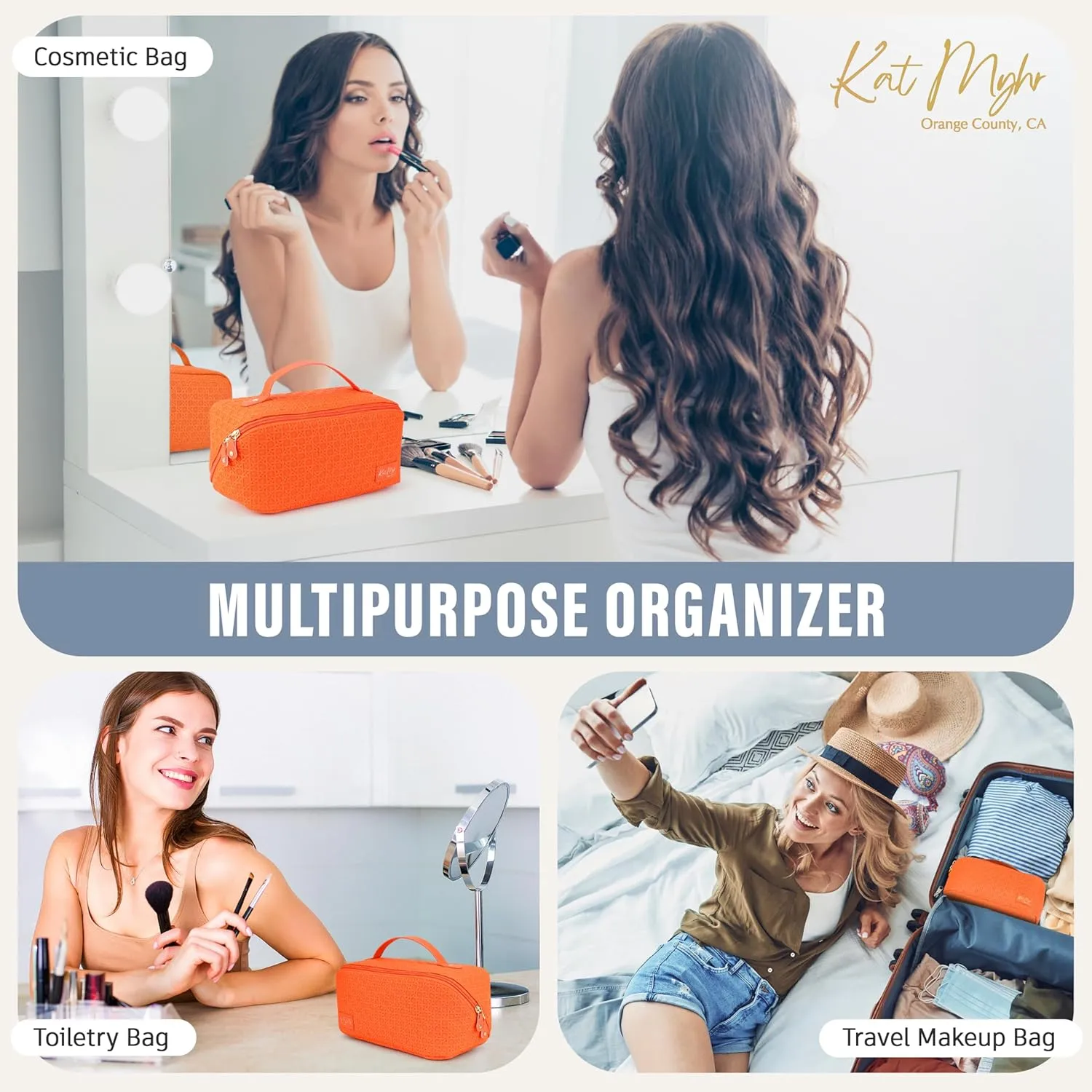 Kat Myhr Large Capacity Travel Cosmetic Bag with Handle and Divider - Waterproof Makeup Bag Organizer - Cute Makeup Bag for Women - Orange