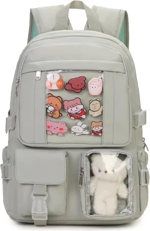 Kawaii Backpack for Teen Girls, Cute Aesthetic High Middle School College Bookbag with Accessories, Green
