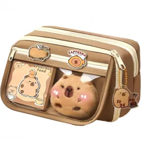 Kawaii Capybara Makeup Bag Kit, Plush Doll 20 Stickers 2 Brooches Sticky Notes Pendant, 9-Layer Large-Capacity Pencil Case (Brown)