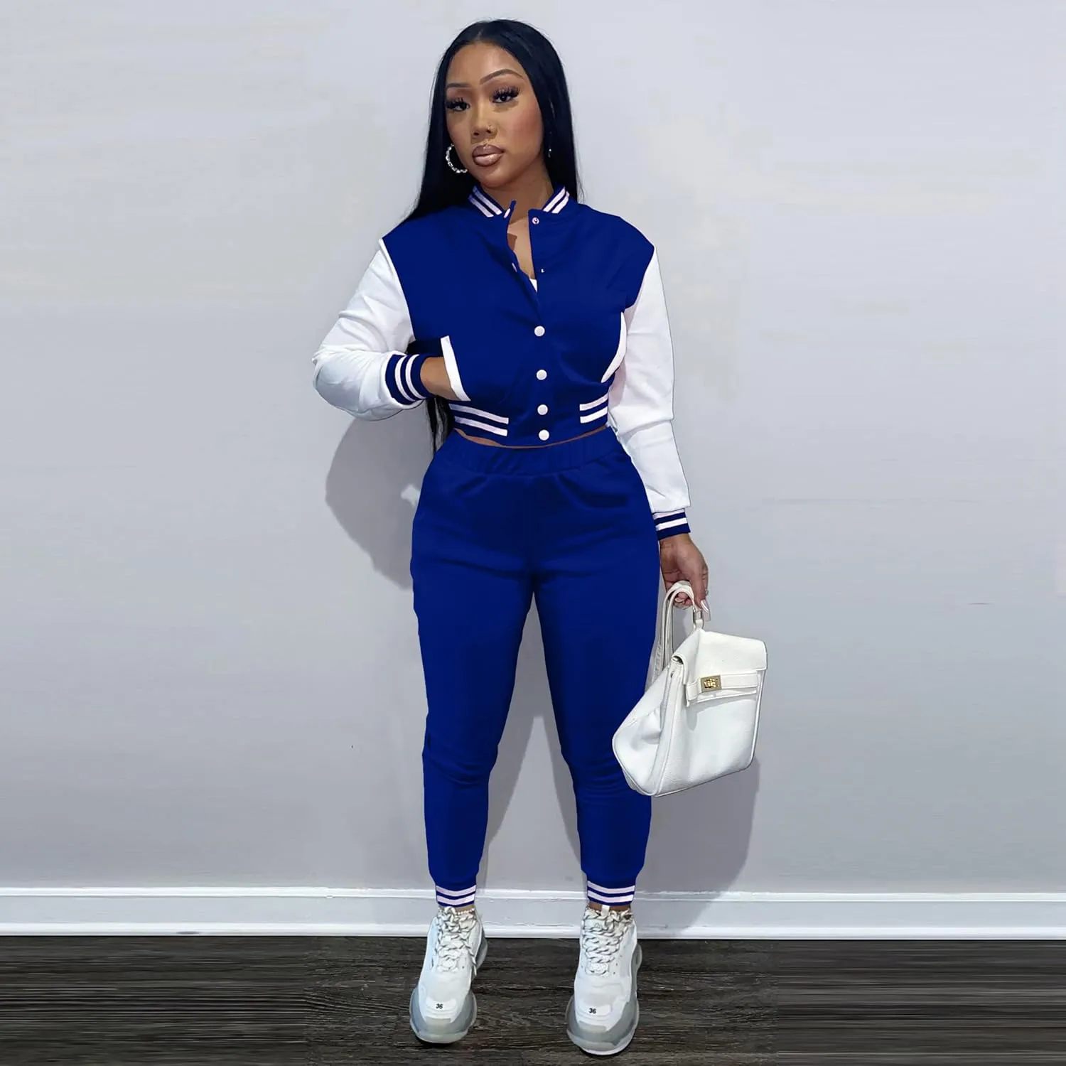 KELOVEPAN Sweatsuits for Women Set 2 Piece Patchwork Tracksuits Button Down Crop Bomber Varsity Jacket Pants Set Sexy