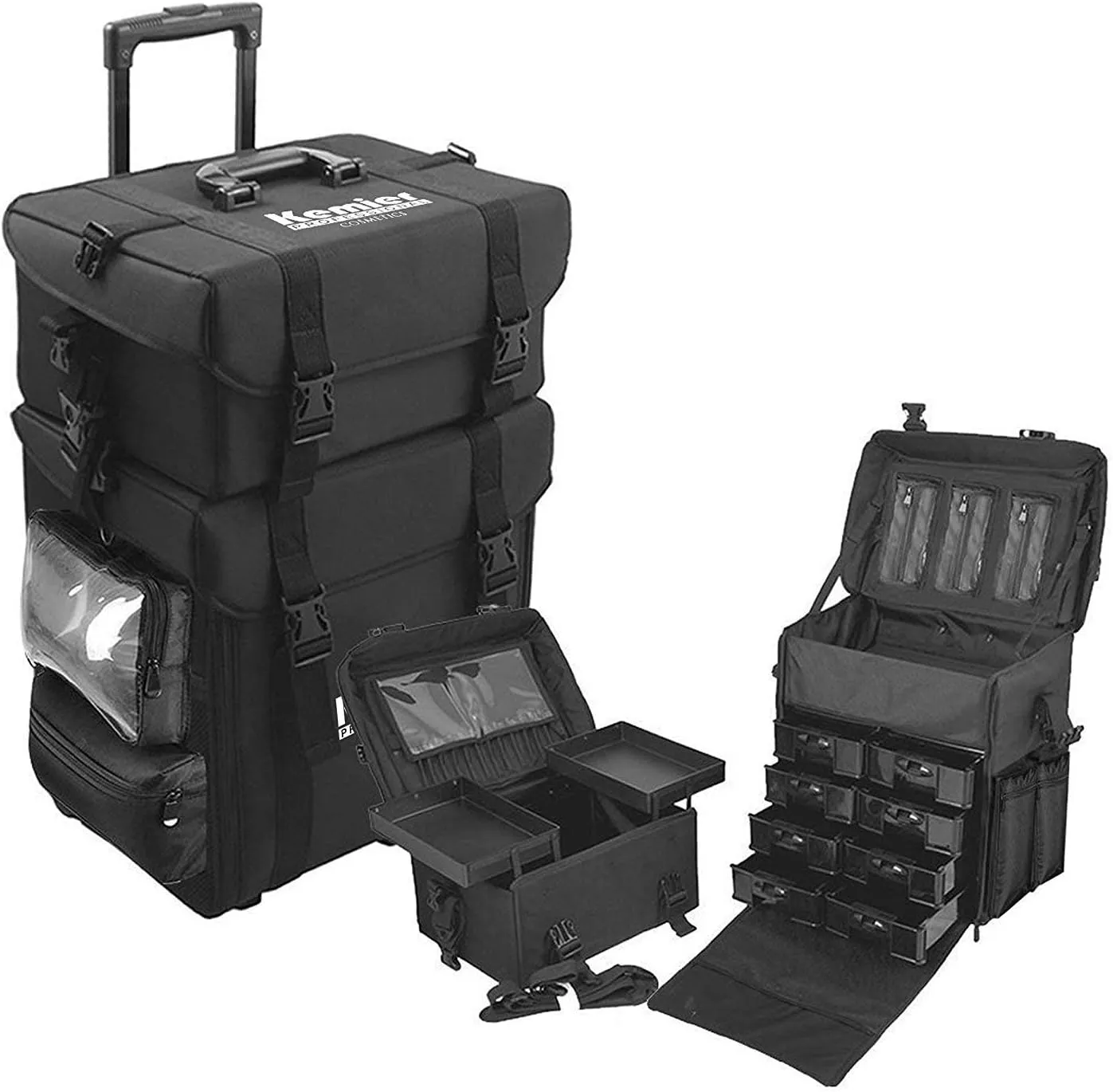 Kemier studio makeup case Omni-directional wheels 2 in 1 Professional Soft Sided,Removable,Artist Rolling Makeup Train Case,Cosmetic Organizer w/Storage Drawers