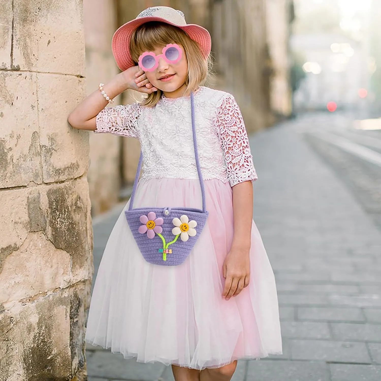 Kids Purse for Girls Age 2-14, Purple Toddler Purse with Beaded and Flowers, Kids Crossbody Bag Gifts for Christmas, Birthday