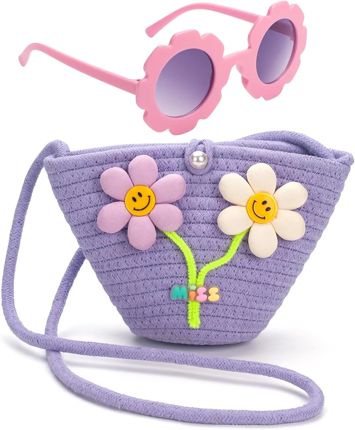 Kids Purse for Girls Age 2-14, Purple Toddler Purse with Beaded and Flowers, Kids Crossbody Bag Gifts for Christmas, Birthday