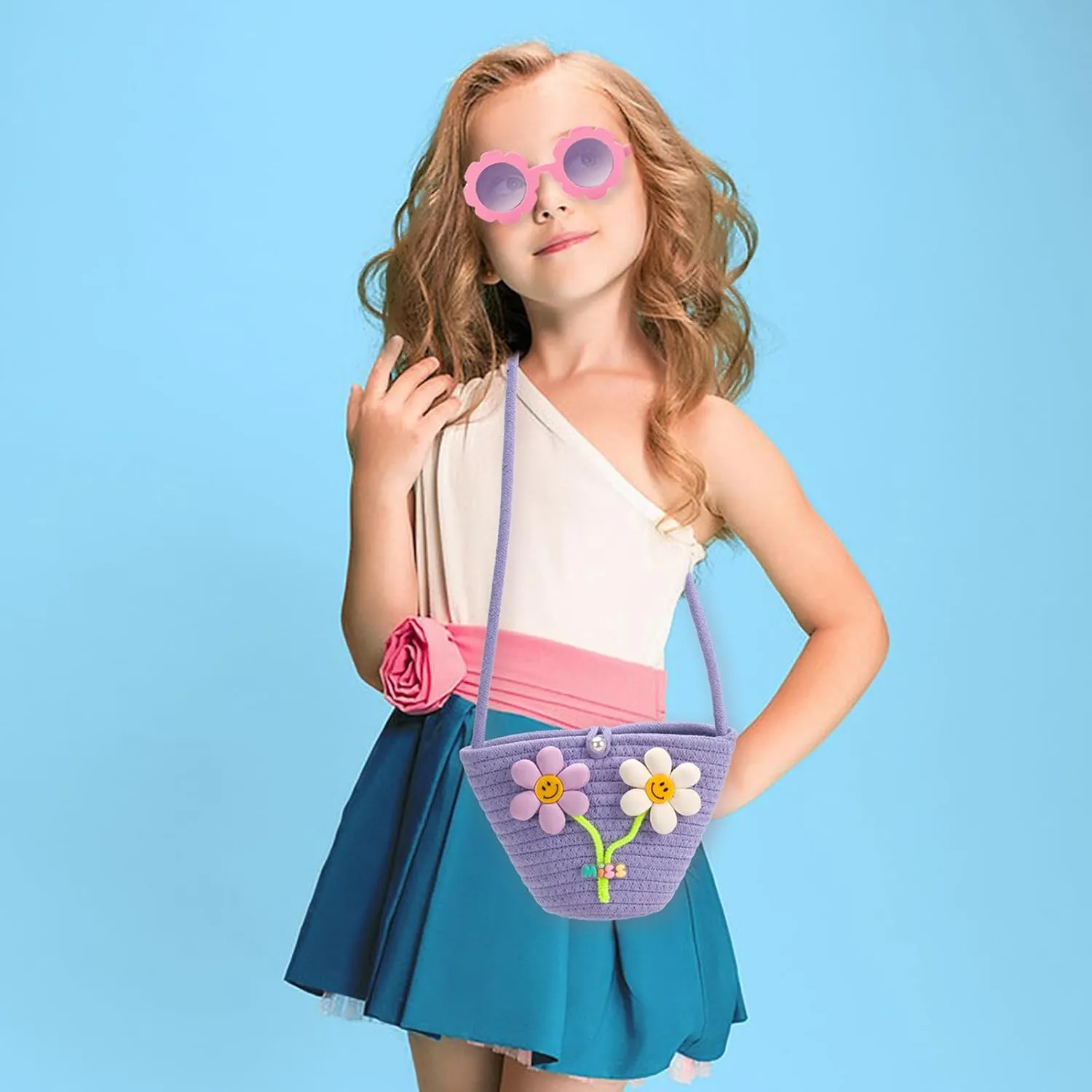 Kids Purse for Girls Age 2-14, Purple Toddler Purse with Beaded and Flowers, Kids Crossbody Bag Gifts for Christmas, Birthday