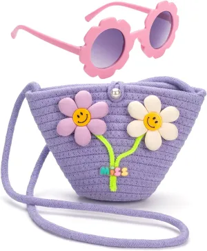 Kids Purse for Girls Age 2-14, Purple Toddler Purse with Beaded and Flowers, Kids Crossbody Bag Gifts for Christmas, Birthday