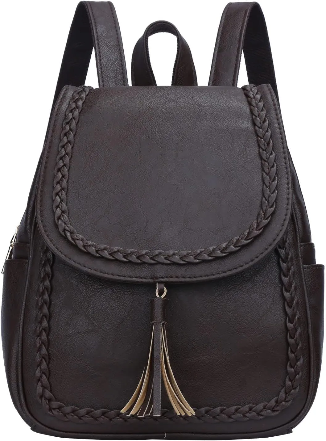 KKXIU Fashion Small Synthetic Leather Backpack Purse For Women and Ladies with Tassel (Coffee)