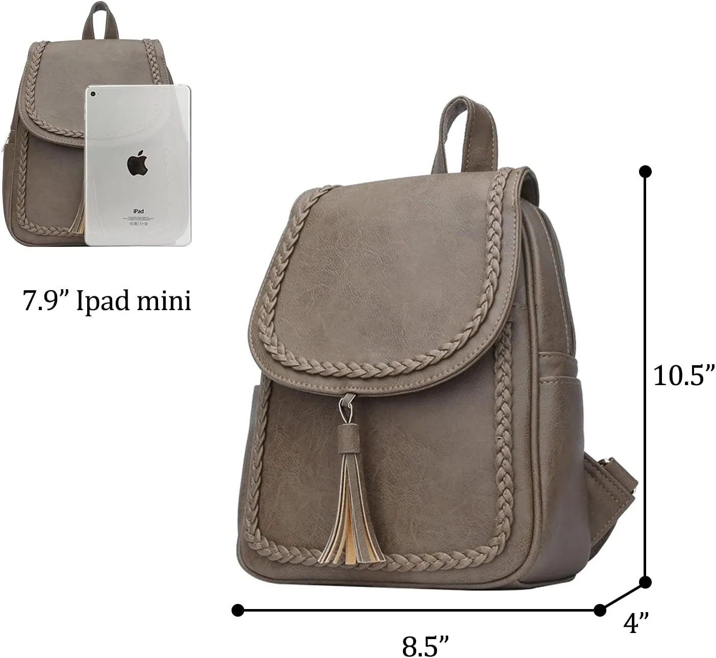 KKXIU Fashion Small Synthetic Leather Backpack Purse For Women and Ladies with Tassel (Khaki)