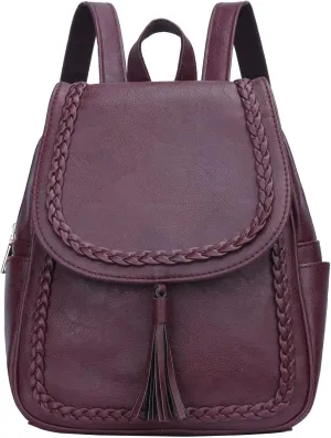 KKXIU Fashion Small Synthetic Leather Backpack Purse For Women and Ladies with Tassel (Wine)
