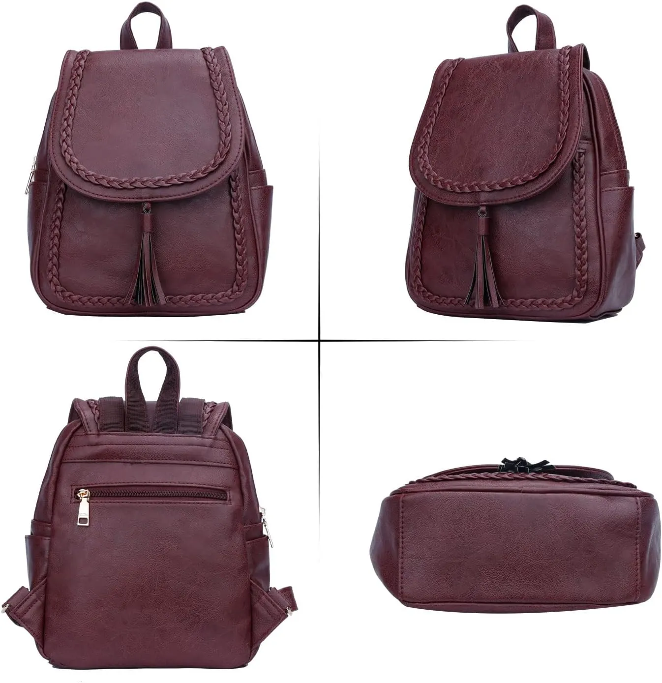 KKXIU Fashion Small Synthetic Leather Backpack Purse For Women and Ladies with Tassel (Wine)