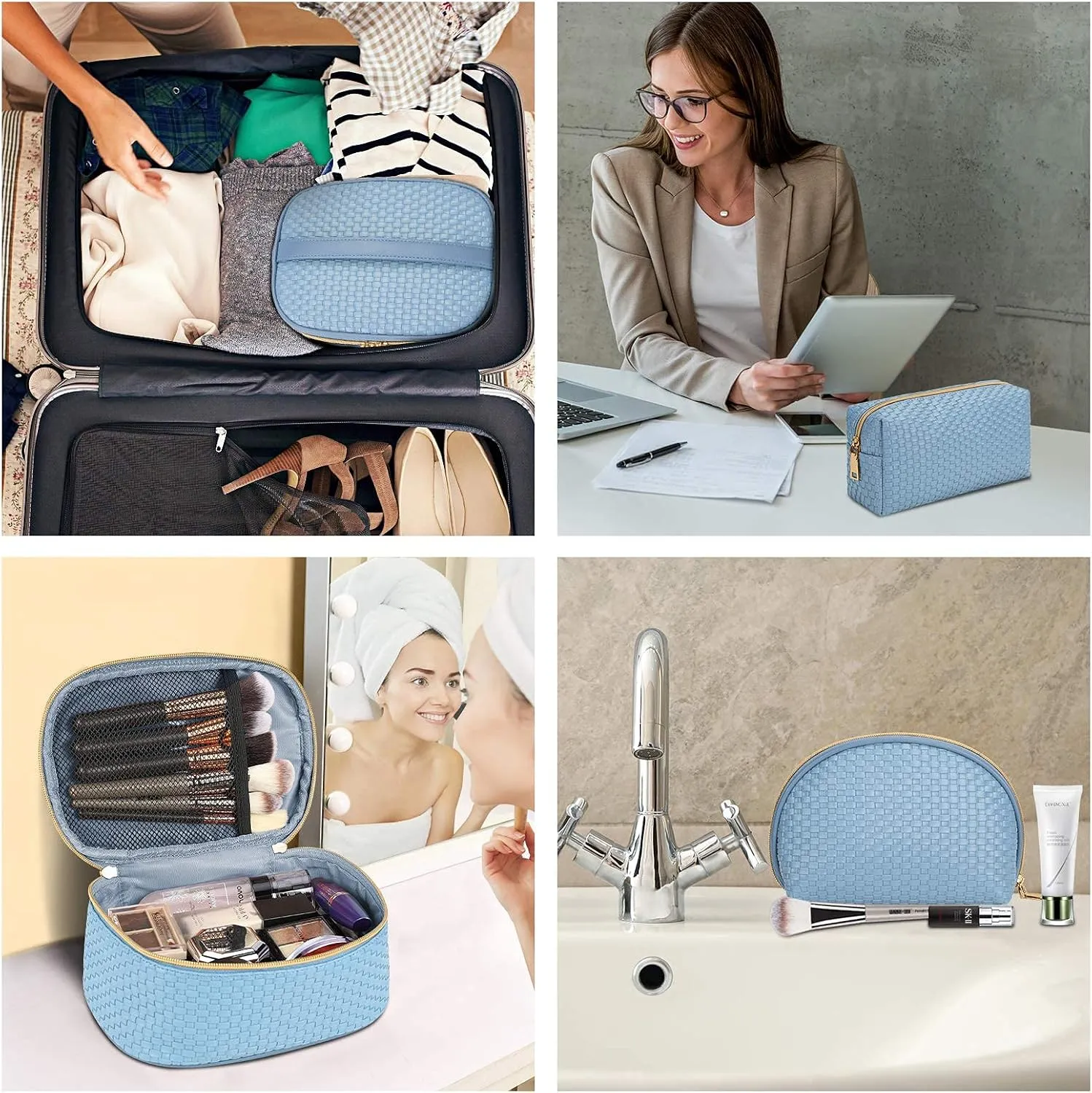 KTMOUW Makeup Bag 3 Pcs Waterproof Cosmetic Bag Set Portable Travel Cosmetic Bag Multifunction Organizer Storage Bag Weave Toiletry Bag for Women, Light Blue