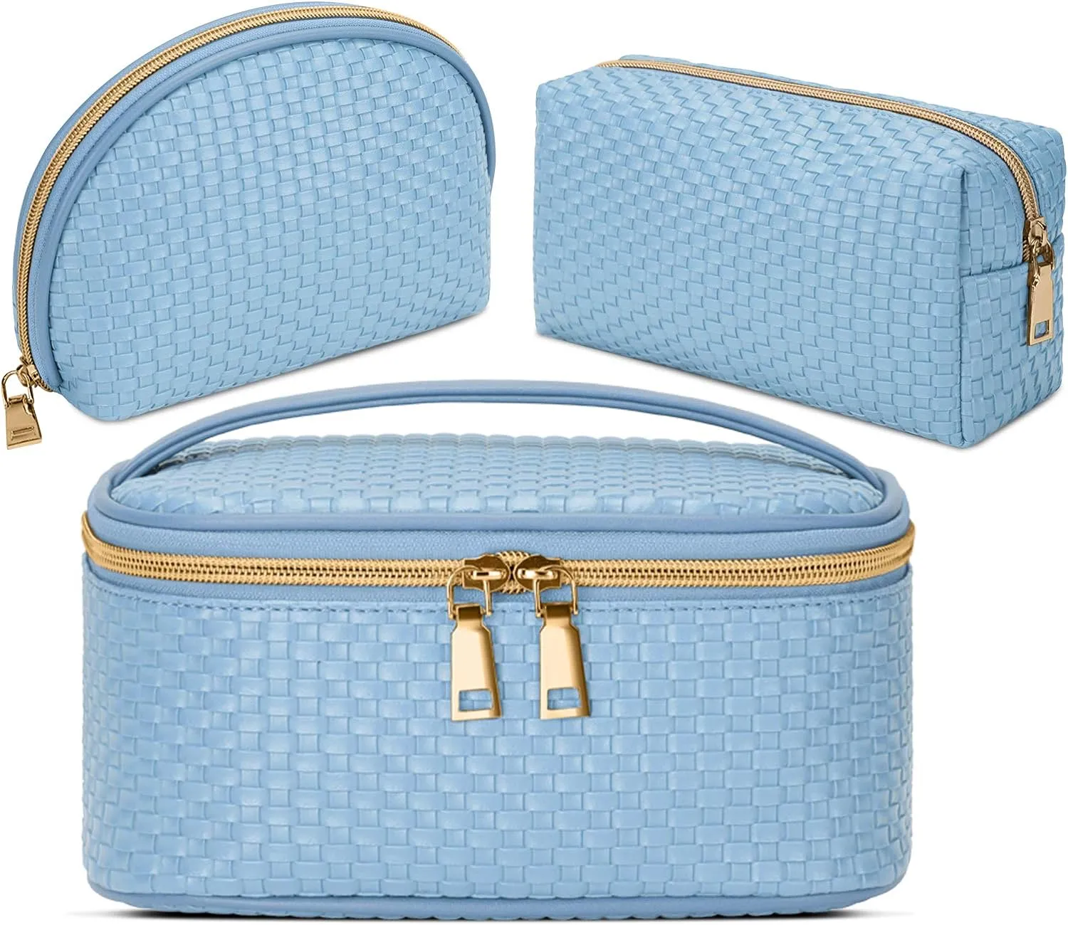 KTMOUW Makeup Bag 3 Pcs Waterproof Cosmetic Bag Set Portable Travel Cosmetic Bag Multifunction Organizer Storage Bag Weave Toiletry Bag for Women, Light Blue
