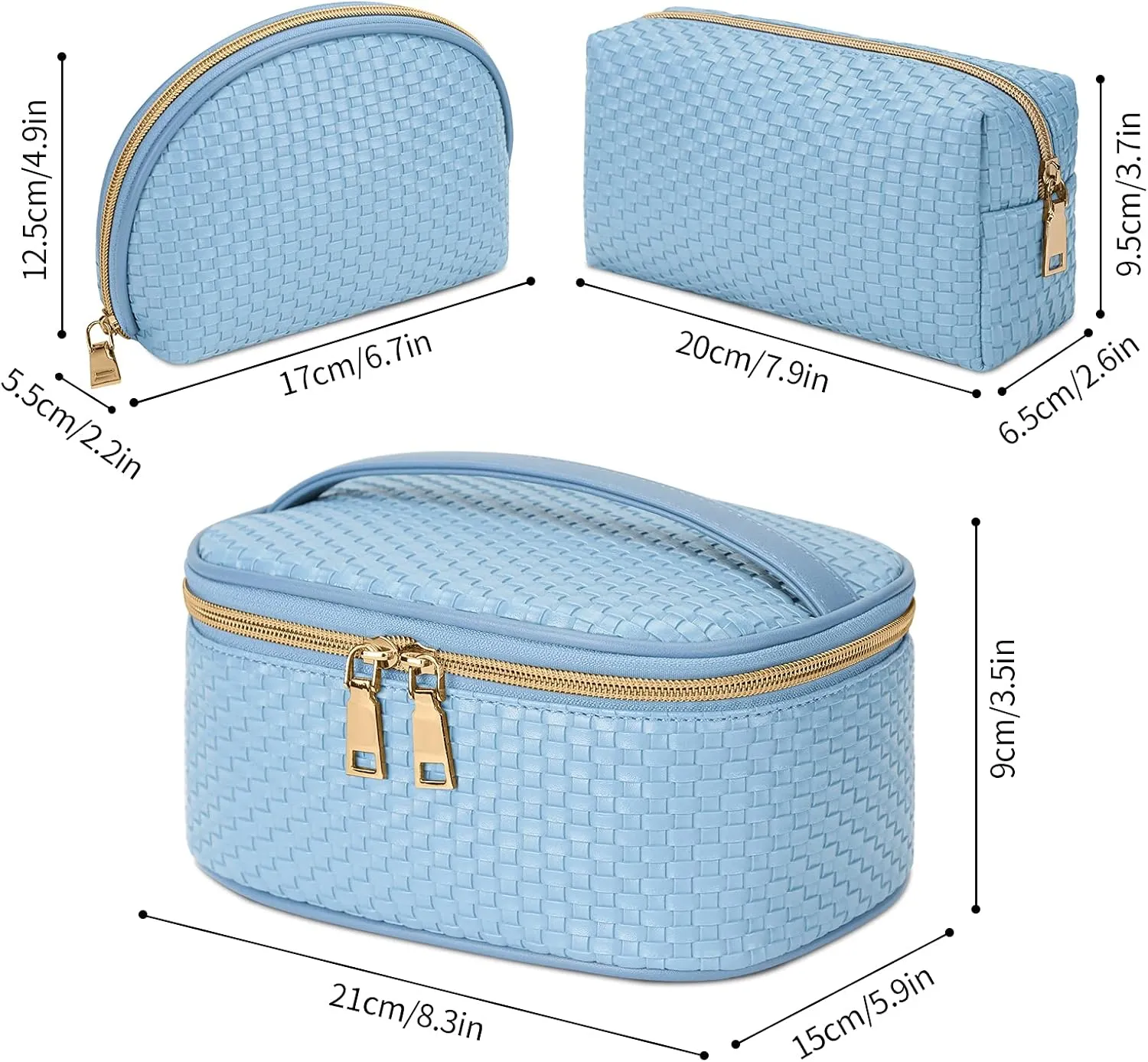 KTMOUW Makeup Bag 3 Pcs Waterproof Cosmetic Bag Set Portable Travel Cosmetic Bag Multifunction Organizer Storage Bag Weave Toiletry Bag for Women, Light Blue