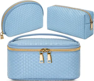 KTMOUW Makeup Bag 3 Pcs Waterproof Cosmetic Bag Set Portable Travel Cosmetic Bag Multifunction Organizer Storage Bag Weave Toiletry Bag for Women, Light Blue