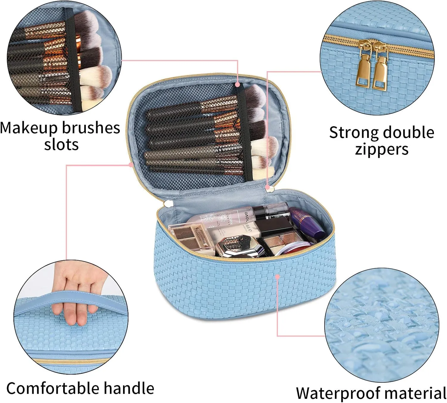 KTMOUW Makeup Bag 3 Pcs Waterproof Cosmetic Bag Set Portable Travel Cosmetic Bag Multifunction Organizer Storage Bag Weave Toiletry Bag for Women, Light Blue