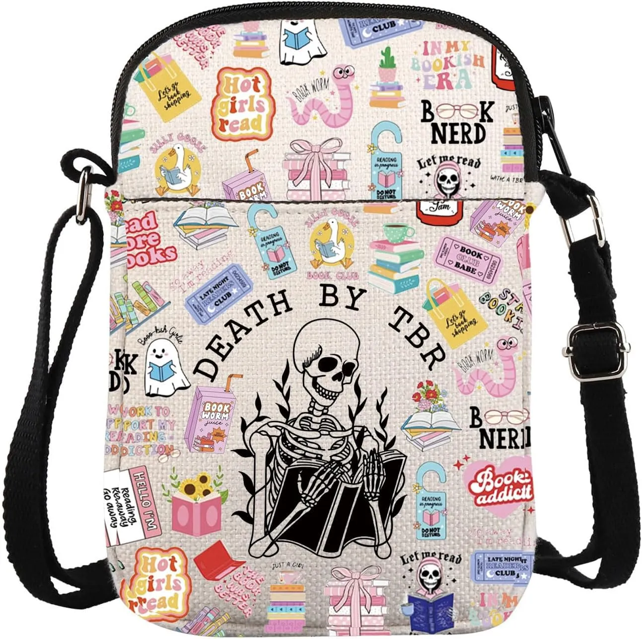 KUIYAI Death by TBR Crossbody Bag to Be Read Gift Book Reader Bookish Book Club Gift Gothic Romance Bookworm Librarian Gift