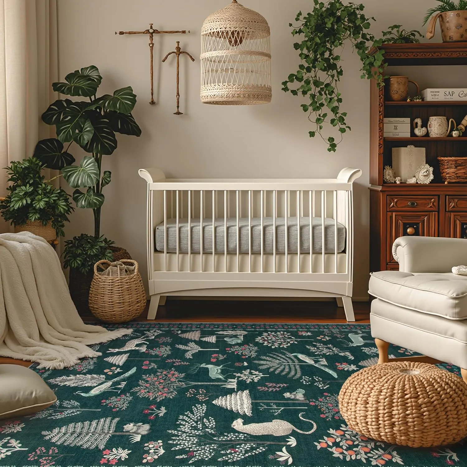 Lahome Jungle Animal 8x10 Rugs for Living Room, Green Washable Bedroom Carpet Under Bed Soft Plant Tree Mat, Modern Large Dining Room Rug Stain Resistant Floor Carpet for Playroom Office