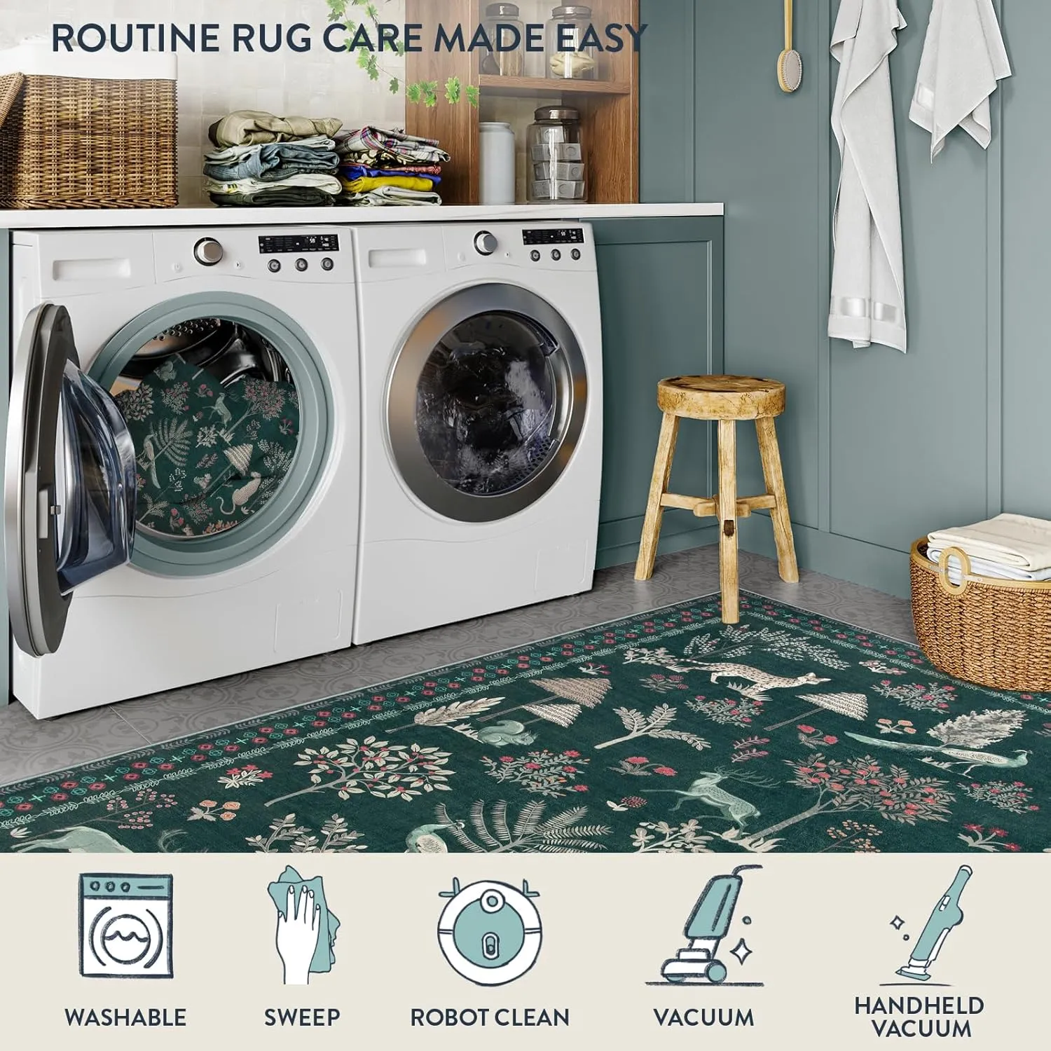 Lahome Jungle Animal 8x10 Rugs for Living Room, Green Washable Bedroom Carpet Under Bed Soft Plant Tree Mat, Modern Large Dining Room Rug Stain Resistant Floor Carpet for Playroom Office