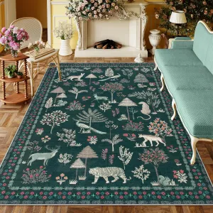 Lahome Jungle Animal 8x10 Rugs for Living Room, Green Washable Bedroom Carpet Under Bed Soft Plant Tree Mat, Modern Large Dining Room Rug Stain Resistant Floor Carpet for Playroom Office