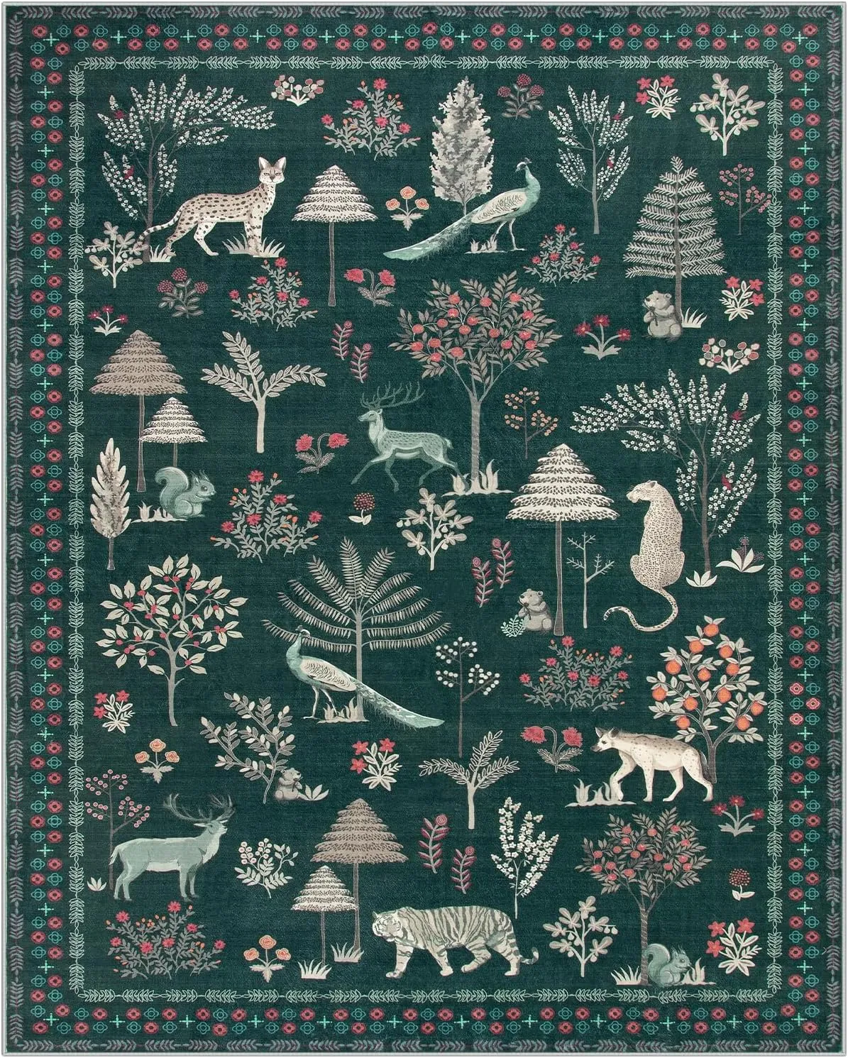 Lahome Jungle Animal 8x10 Rugs for Living Room, Green Washable Bedroom Carpet Under Bed Soft Plant Tree Mat, Modern Large Dining Room Rug Stain Resistant Floor Carpet for Playroom Office