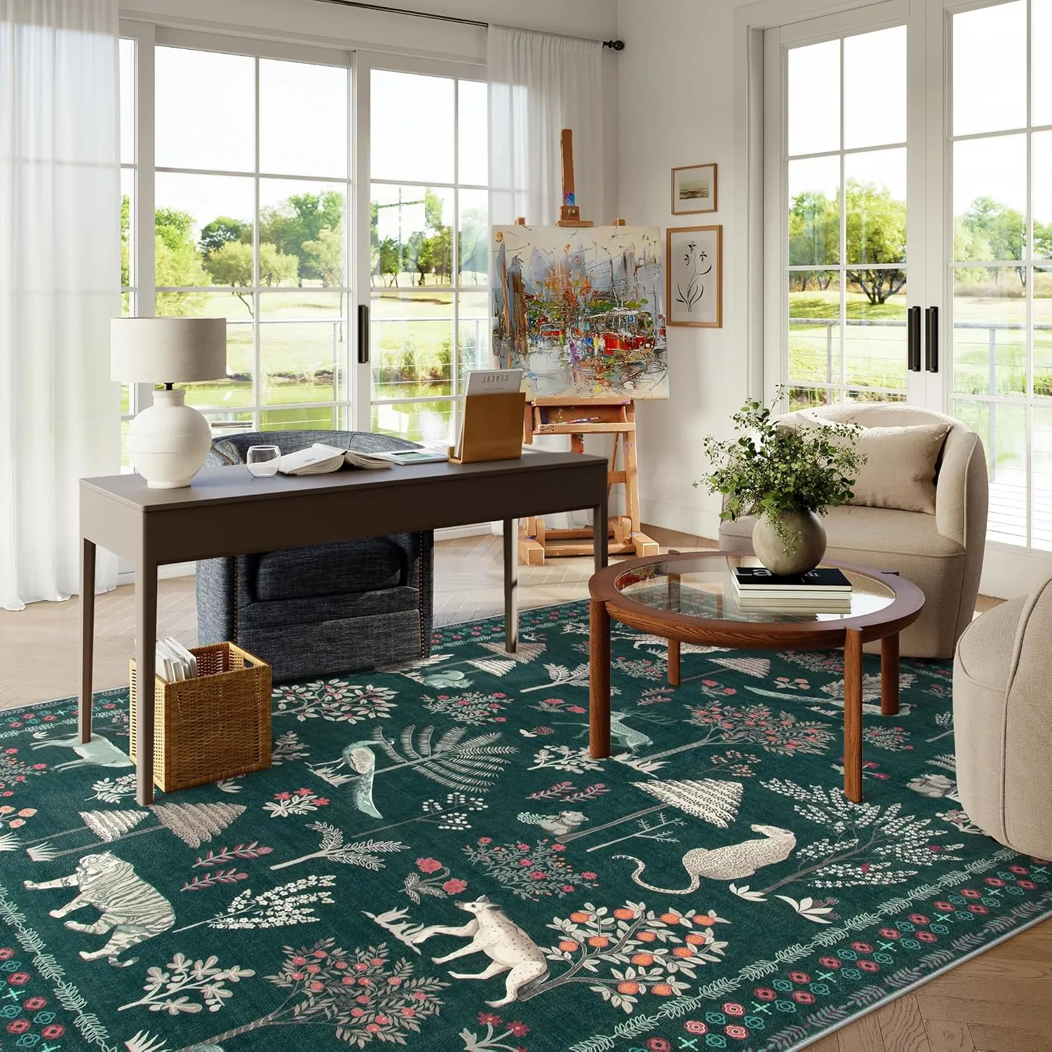 Lahome Jungle Animal 8x10 Rugs for Living Room, Green Washable Bedroom Carpet Under Bed Soft Plant Tree Mat, Modern Large Dining Room Rug Stain Resistant Floor Carpet for Playroom Office