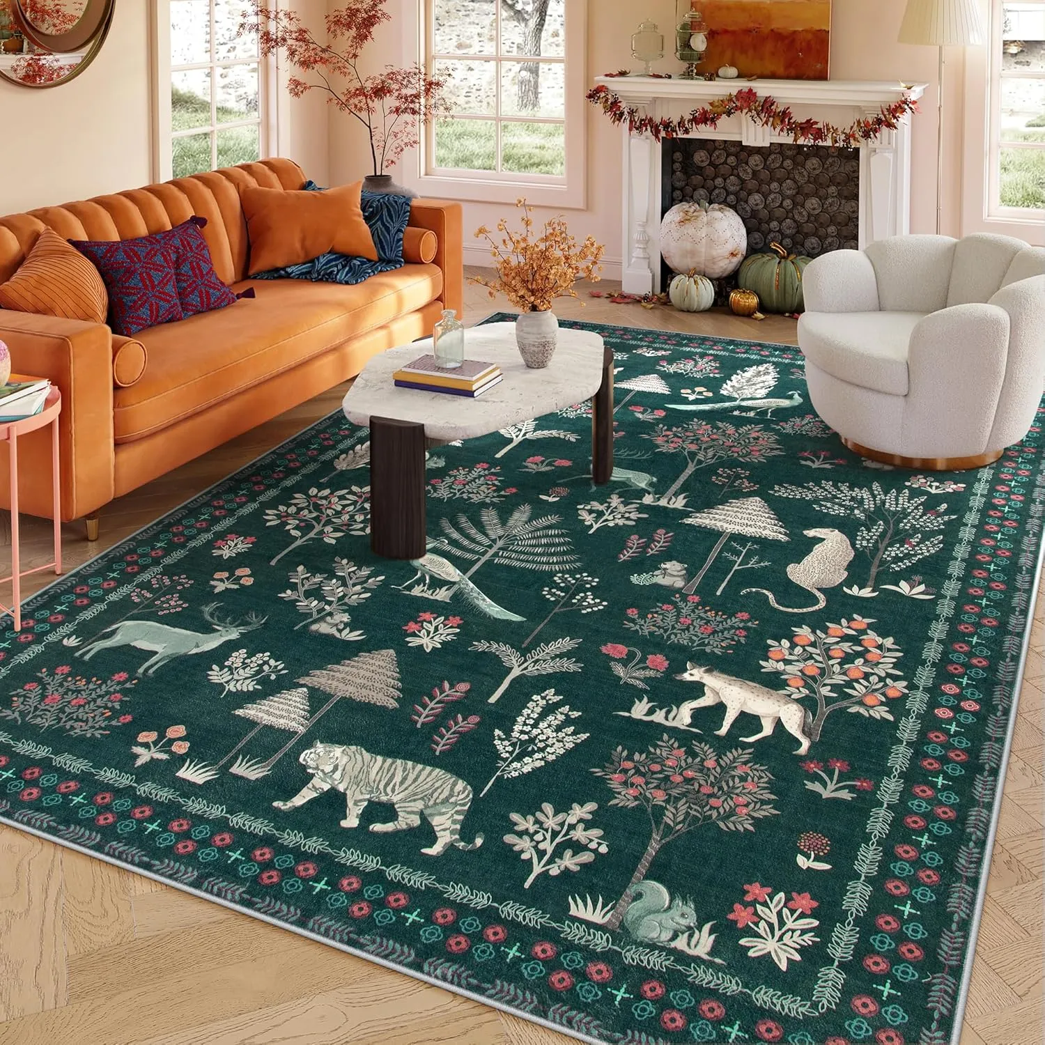 Lahome Jungle Animal 8x10 Rugs for Living Room, Green Washable Bedroom Carpet Under Bed Soft Plant Tree Mat, Modern Large Dining Room Rug Stain Resistant Floor Carpet for Playroom Office
