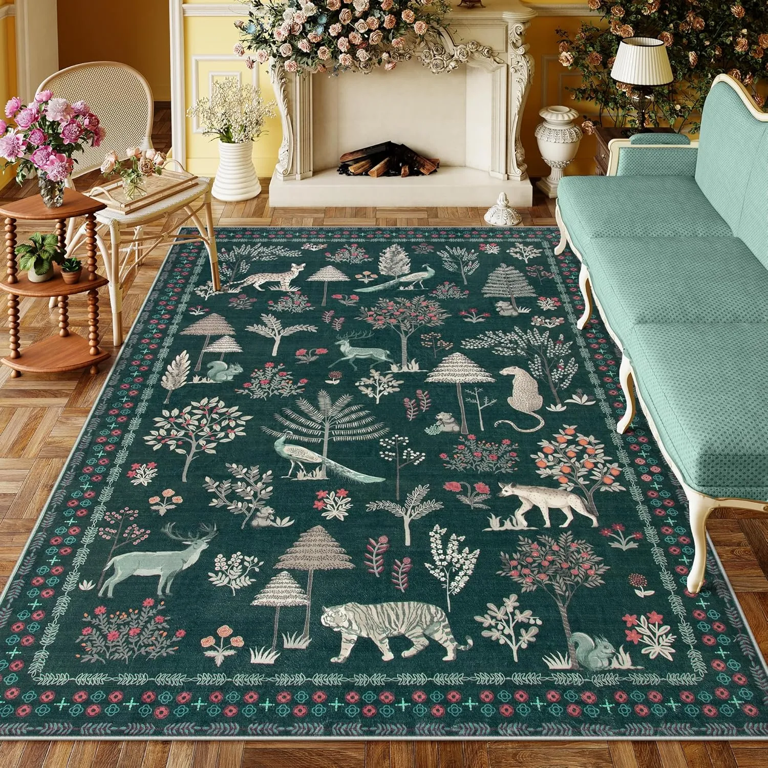 Lahome Jungle Animal 8x10 Rugs for Living Room, Green Washable Bedroom Carpet Under Bed Soft Plant Tree Mat, Modern Large Dining Room Rug Stain Resistant Floor Carpet for Playroom Office