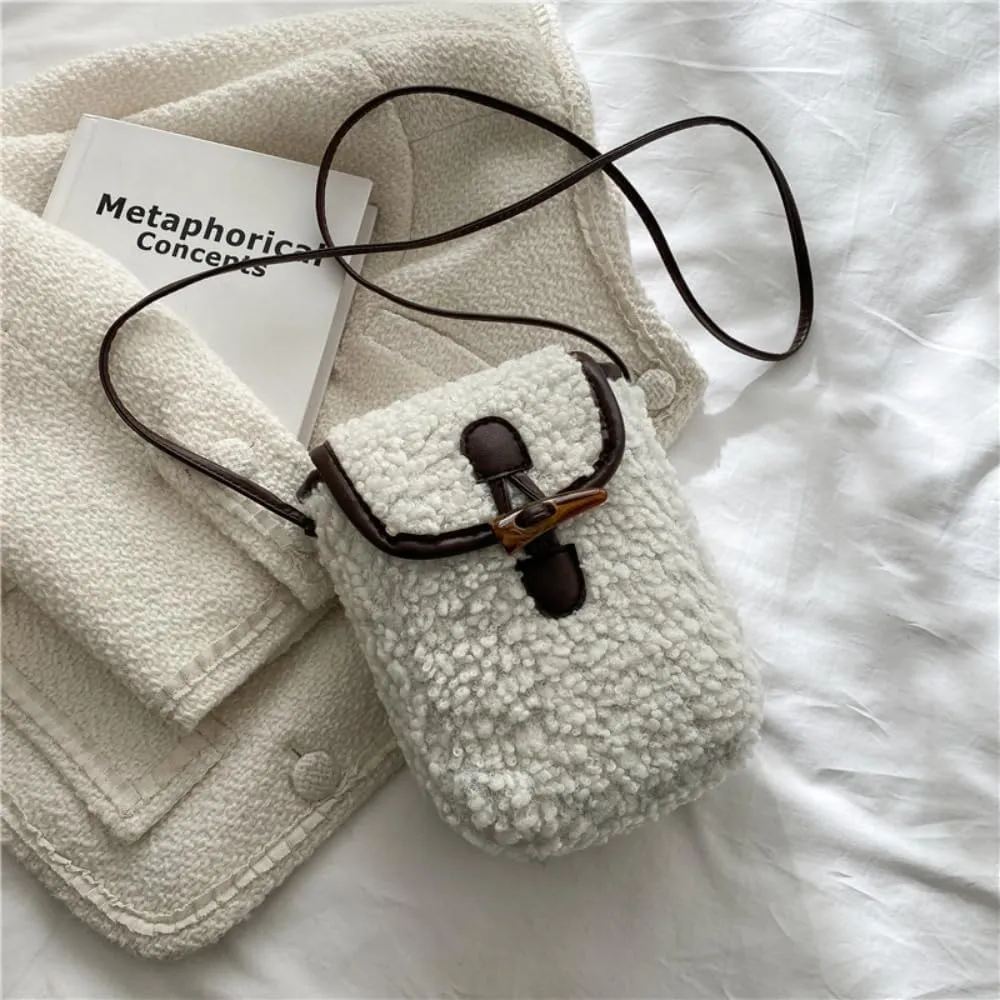 Lamb Fleece Phone Bag Wooly Bag Mobile Phone Bag Shoulder Crossbody Small Bag Female Autumn Winter Vintage Lamb Wool Bag