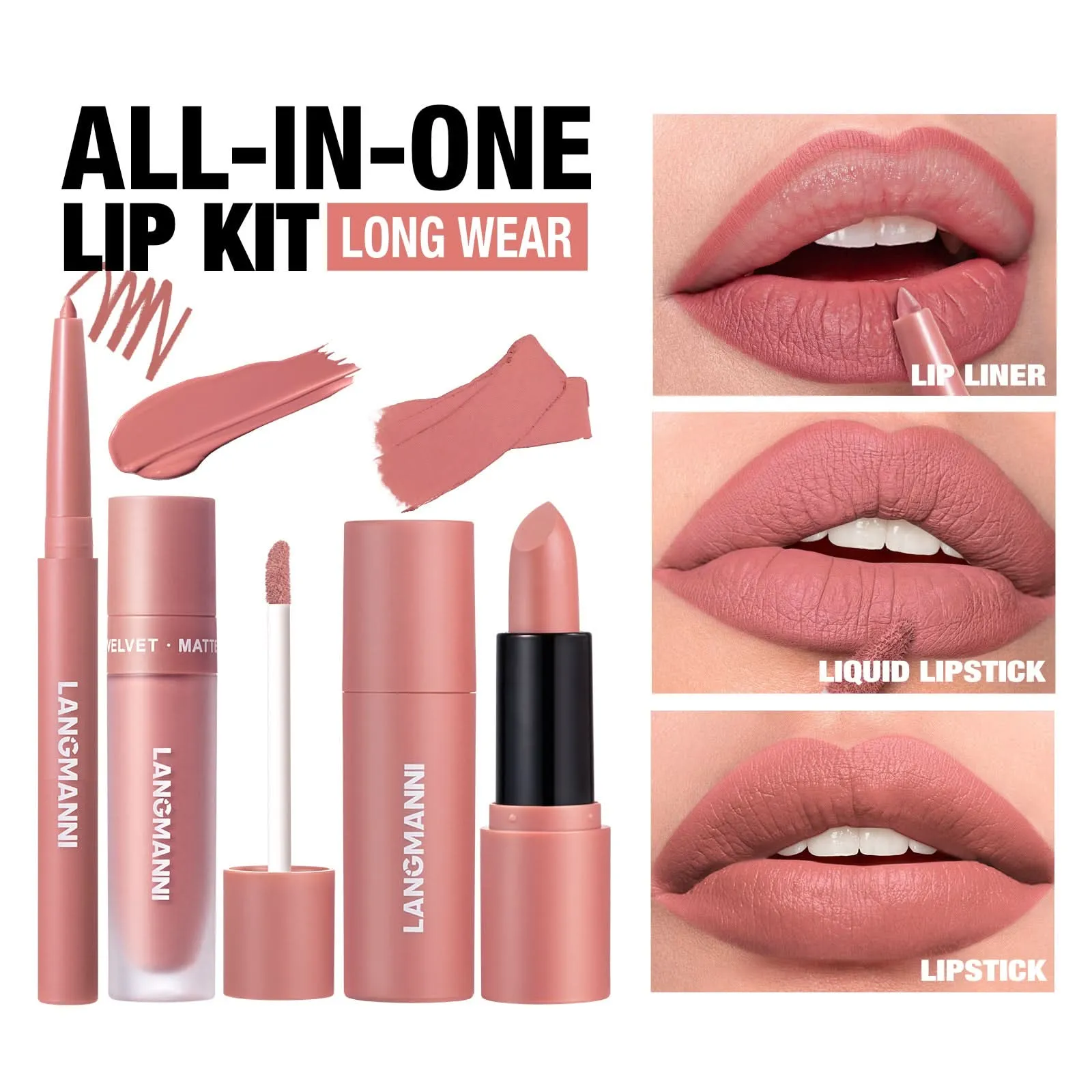 LANGMANNI 3-Piece Lip Kit – Matte Liquid Lipstick & Lip Liner Set