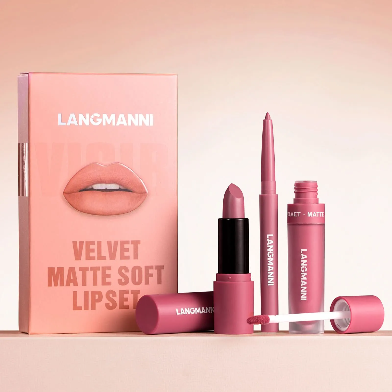 LANGMANNI 3-Piece Lip Kit – Matte Liquid Lipstick & Lip Liner Set