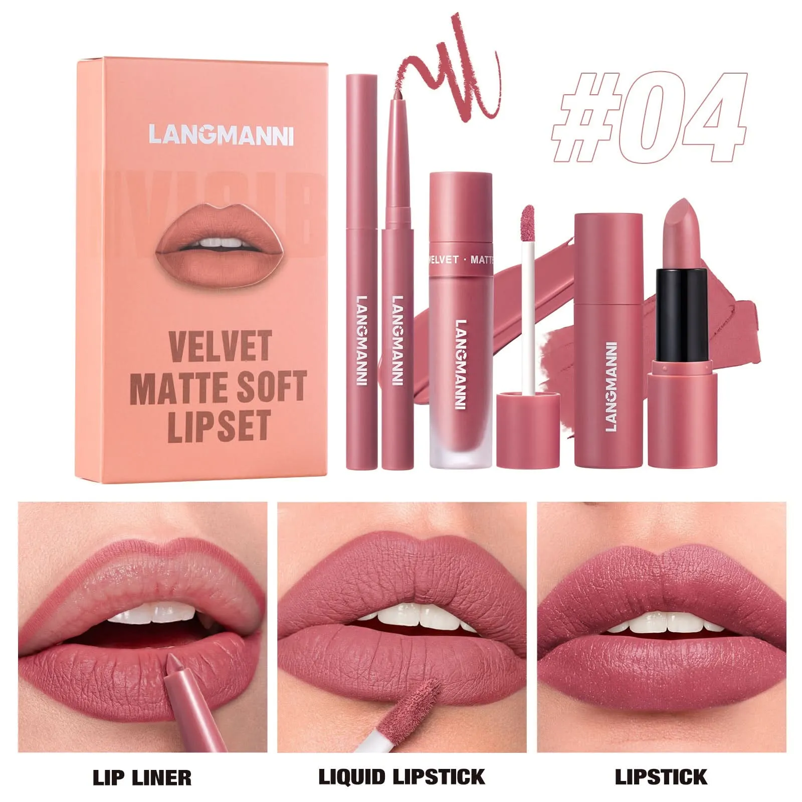 LANGMANNI 3-Piece Lip Kit – Matte Liquid Lipstick & Lip Liner Set
