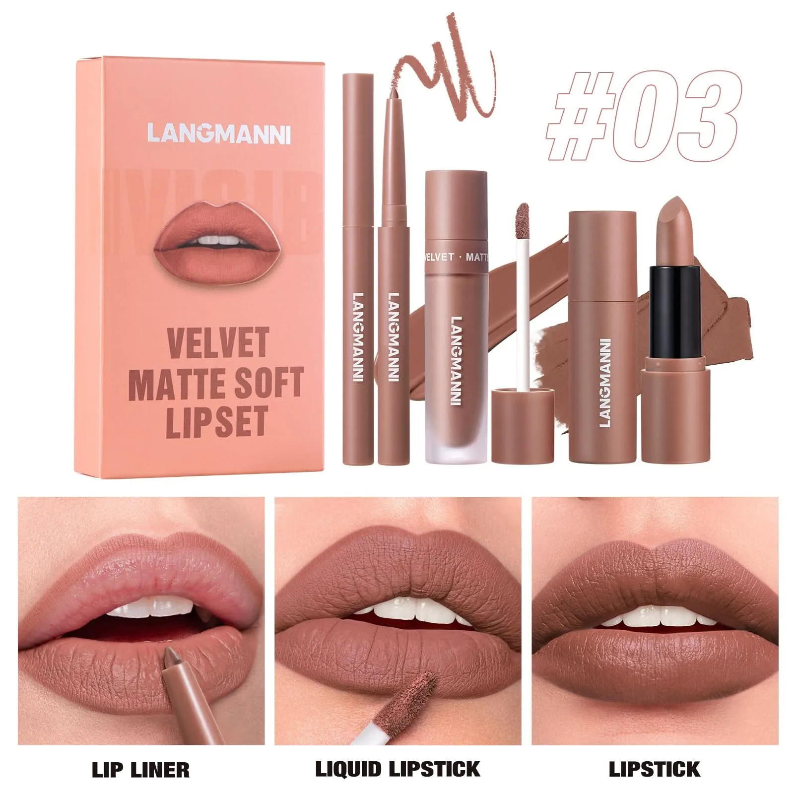 LANGMANNI 3-Piece Lip Kit – Matte Liquid Lipstick & Lip Liner Set