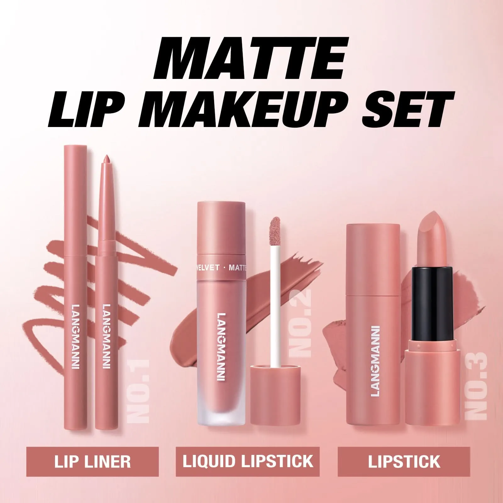 LANGMANNI 3-Piece Lip Kit – Matte Liquid Lipstick & Lip Liner Set