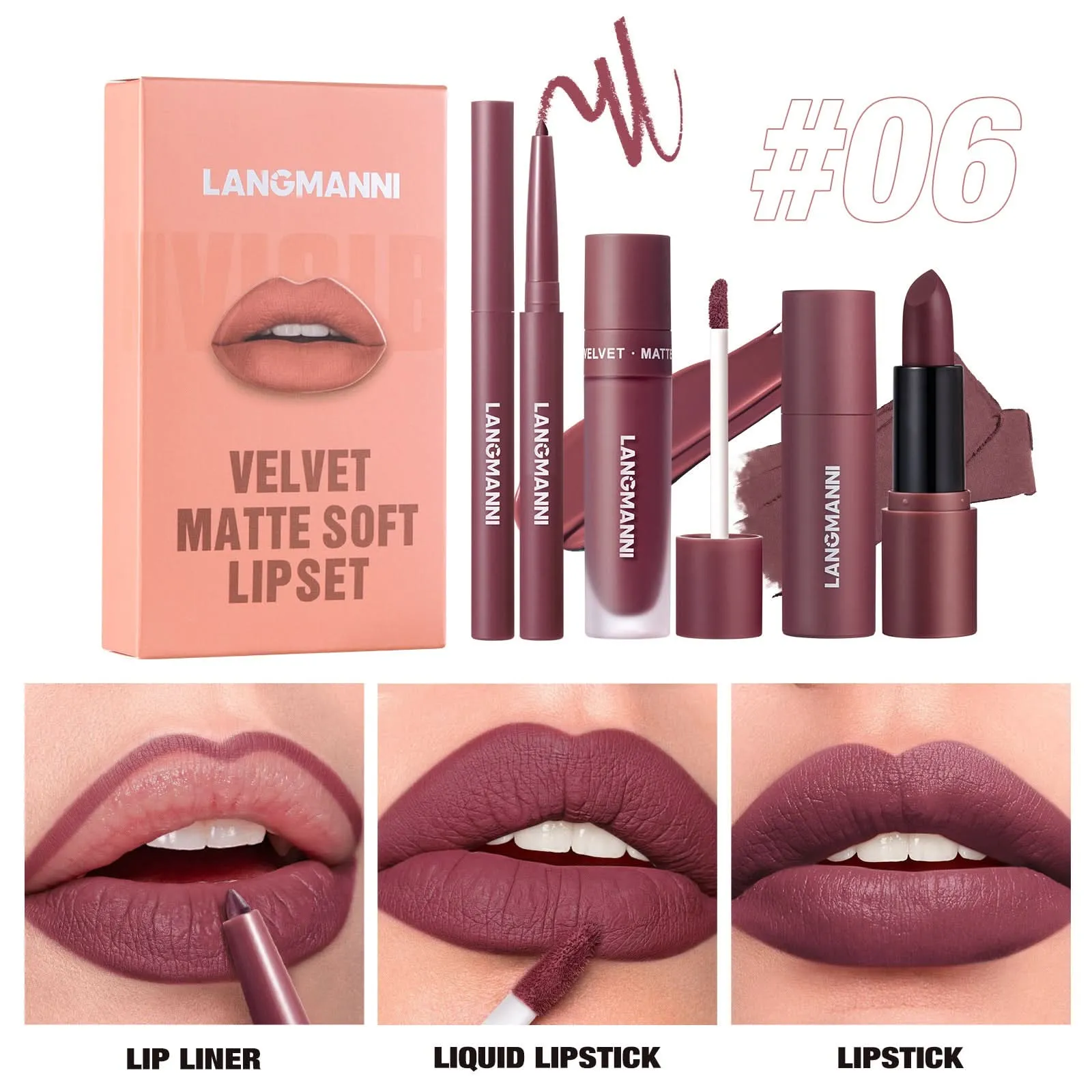 LANGMANNI 3-Piece Lip Kit – Matte Liquid Lipstick & Lip Liner Set