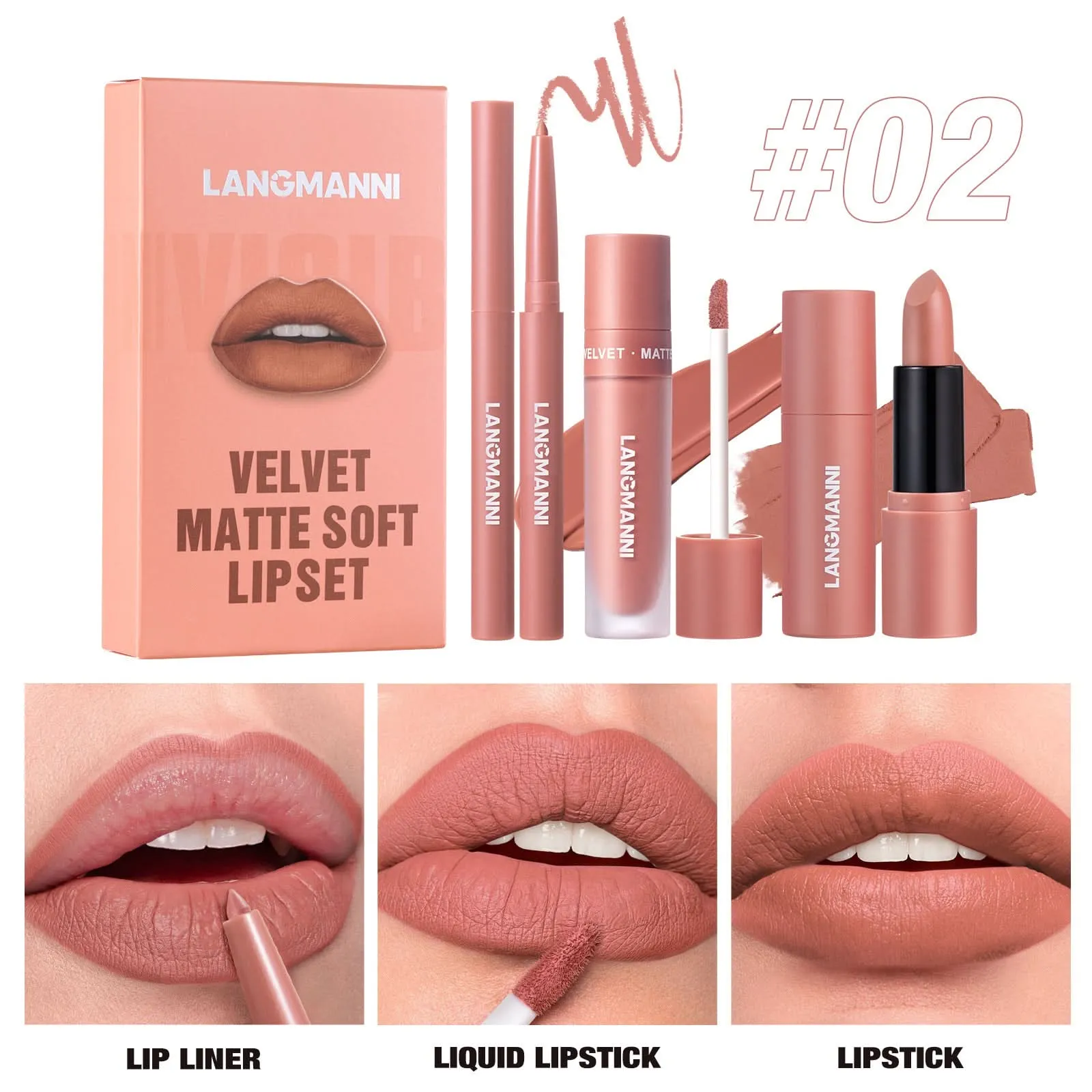 LANGMANNI 3-Piece Lip Kit – Matte Liquid Lipstick & Lip Liner Set