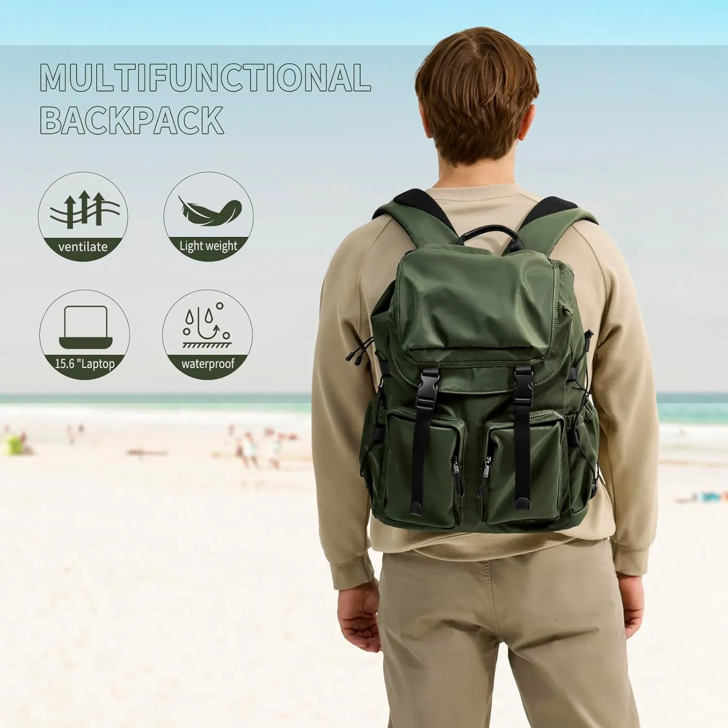 Laptop Backpack for Men & Women, Functional Stylish Vintage Backpack, 30L Waterproof College Work Commuter Travel Backpack Fits 15.6 Inch Tablet, Notebook (Green)