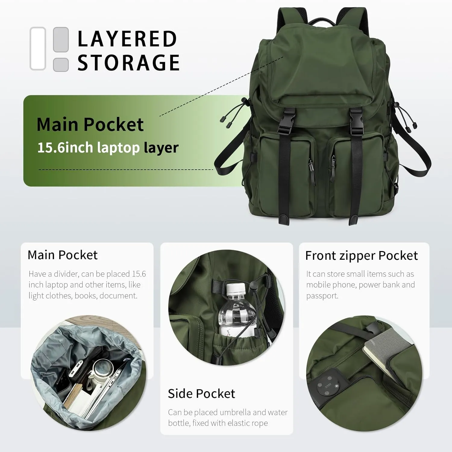 Laptop Backpack for Men & Women, Functional Stylish Vintage Backpack, 30L Waterproof College Work Commuter Travel Backpack Fits 15.6 Inch Tablet, Notebook (Green)