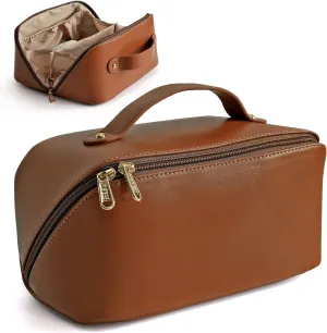 Large Capacity Cosmetic Bag, Travel Cosmetic Storage Bag with Handle, Portable Zipper Cosmetic Bag Toiletry Bag Makeup Bag Large with Compartments for Women Girls (Brown)